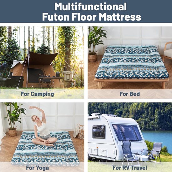 Japanse Vloermatras - Oprolbare Matras Futon - Kamperen en Logeren - Met Draagbare Opbergtas - Twin Maat - Blauw Gestreept Jacquard — afbeelding 4