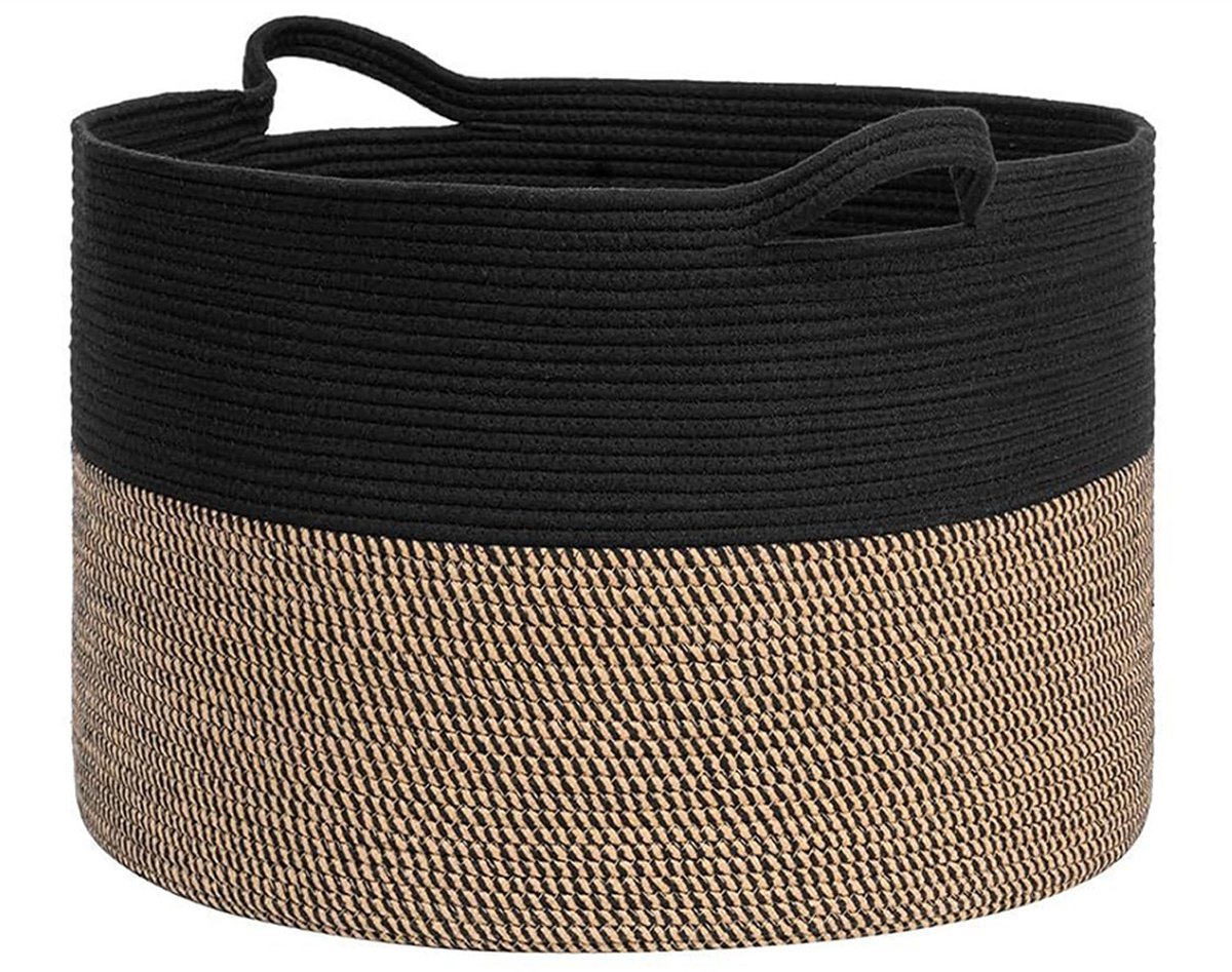 90L XXXL Dekenmand voor de Woonkamer – 55 X 35 CM Wasmand Van Gevlochten Katoentouw – Opbergmand met Handvat voor Speelgoed, Dekens en Wasgoed – Decoratieve Opbergmand (Zwart en zwartbruin)