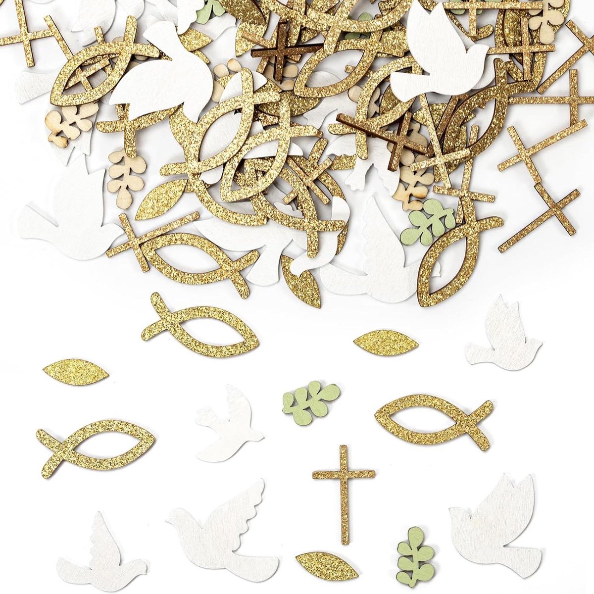 Strooidecoratie Hout - Feestdecoratie Set - Christelijke Ceremonies - 140 Stuks Symbolen - 10x5x1 cm - Groen Goud