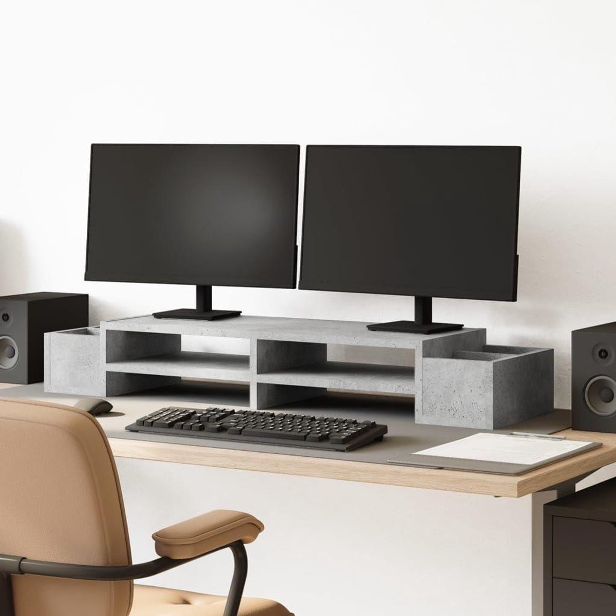 Monitorstandaard Met Vakken - Bureau Organizer - Opgeruimd Bureau - Sterk Houtmateriaal - 100x27x15 cm - Betongrijs
