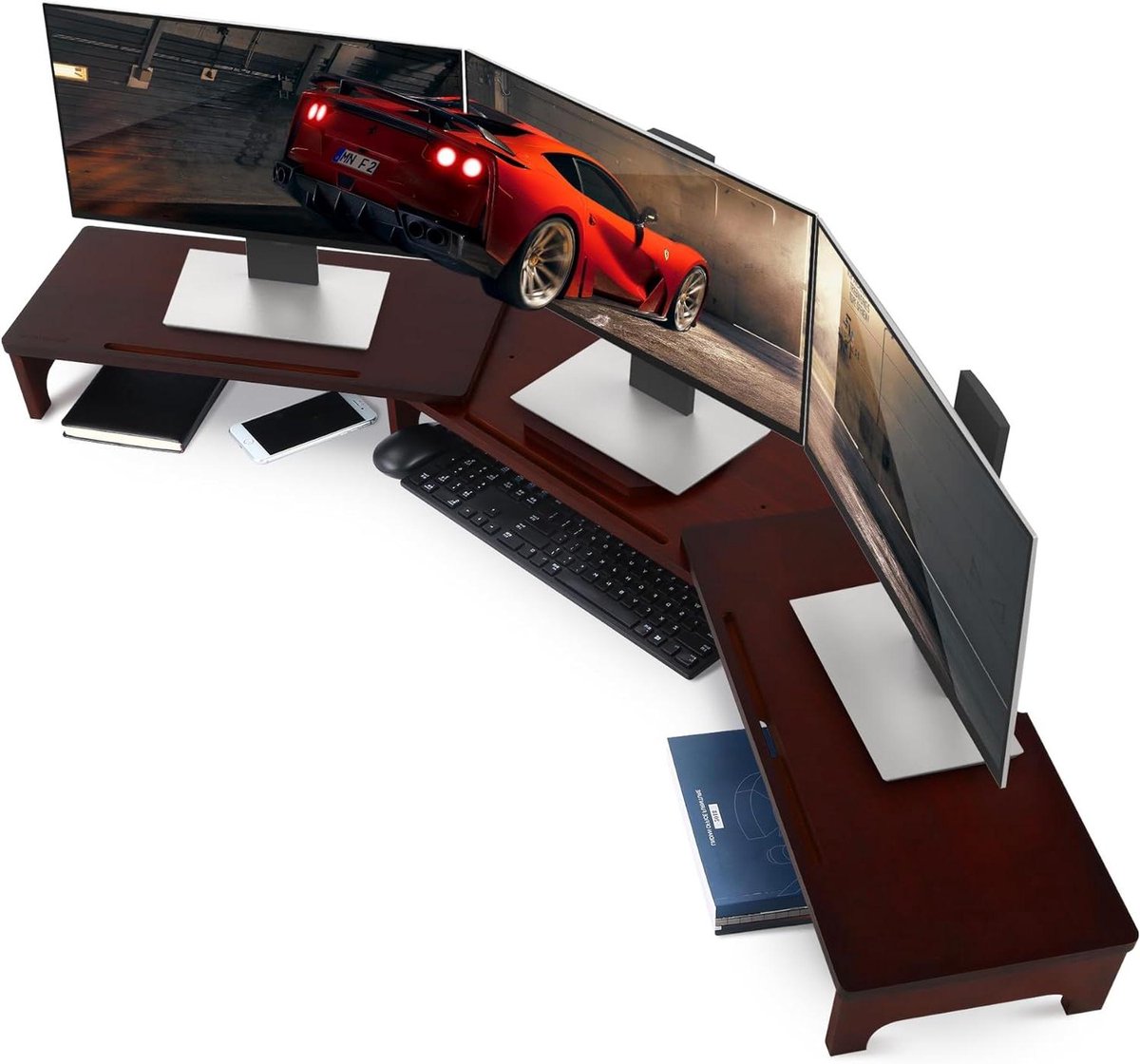 Monitorverhoger Bamboe - Bureau Organizer - Meerdere Monitoren - Verstelbare Lengte Hoek - Tot 154cm - Walnoot