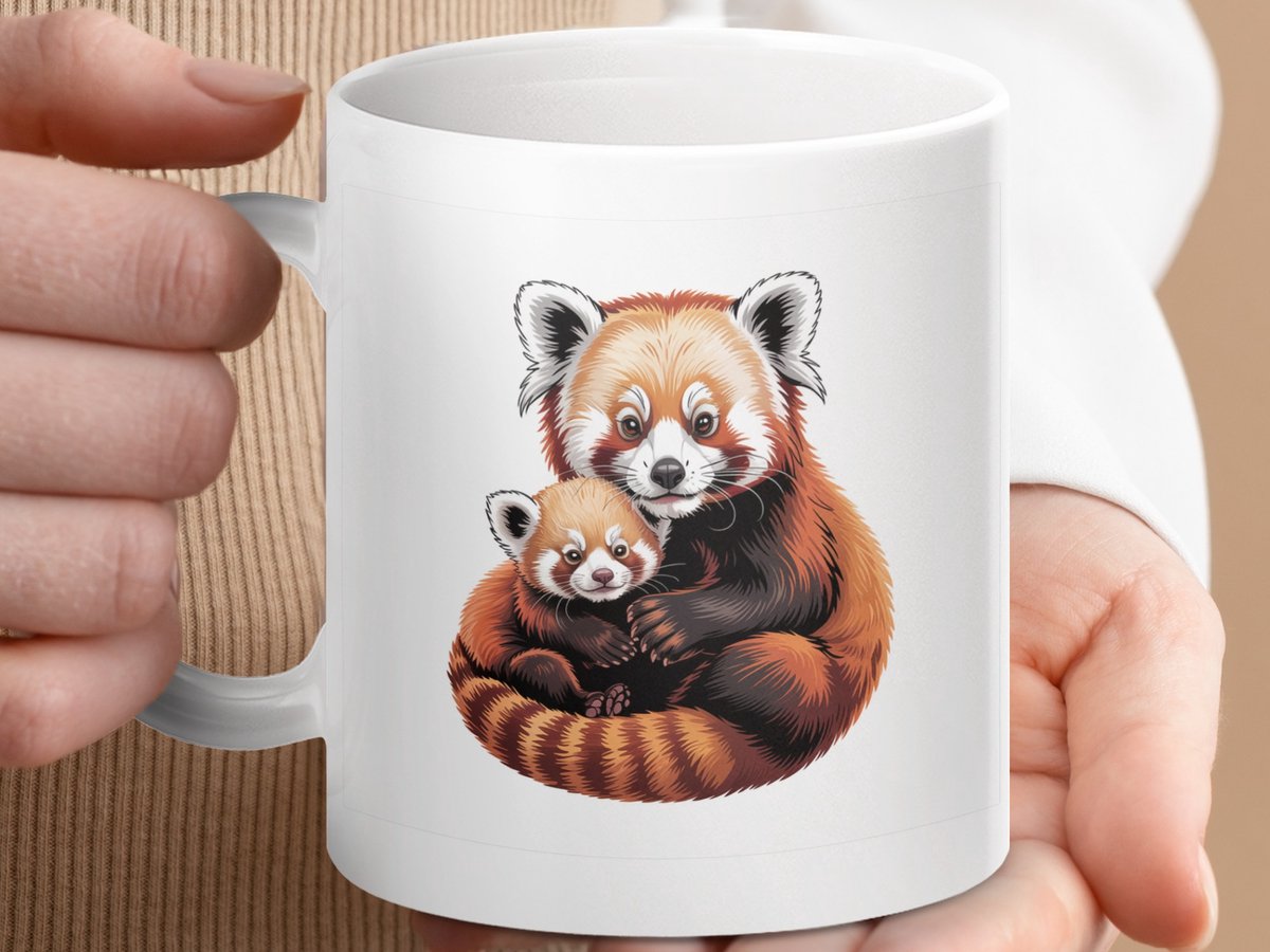 Mok Rode Panda Moeder en Kind, Schattige Dieren Mok voor Mama, Moederdag Cadeau, Unieke Panda Cadeau, Knuffelende Panda's Kopje, Natuur