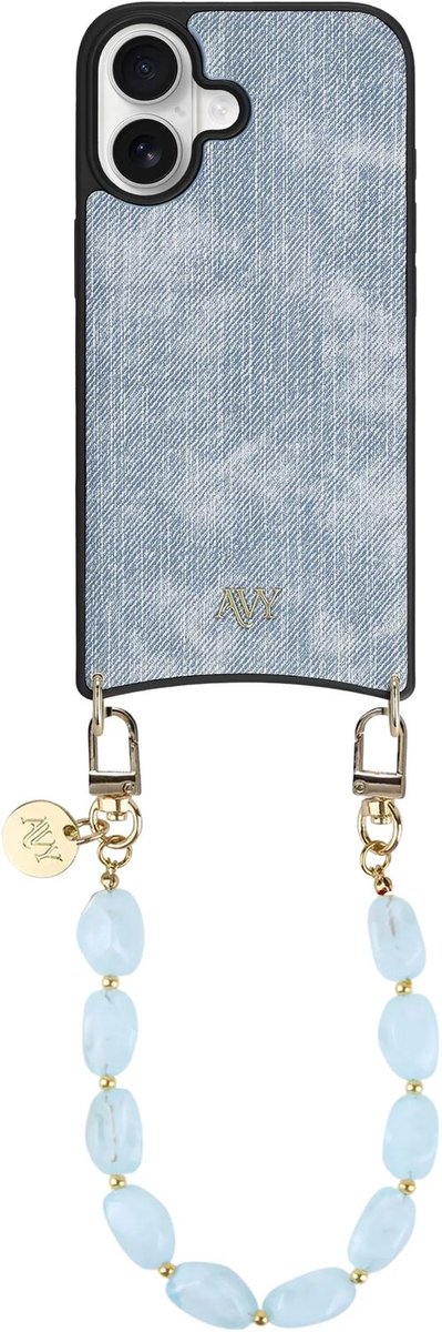 AVY Hoesje Geschikt voor Apple iPhone 17 | Compatibel met MagSafe | Kunstleren Case met Telefoonkoord | Polsband | Denim | Rocher Blue