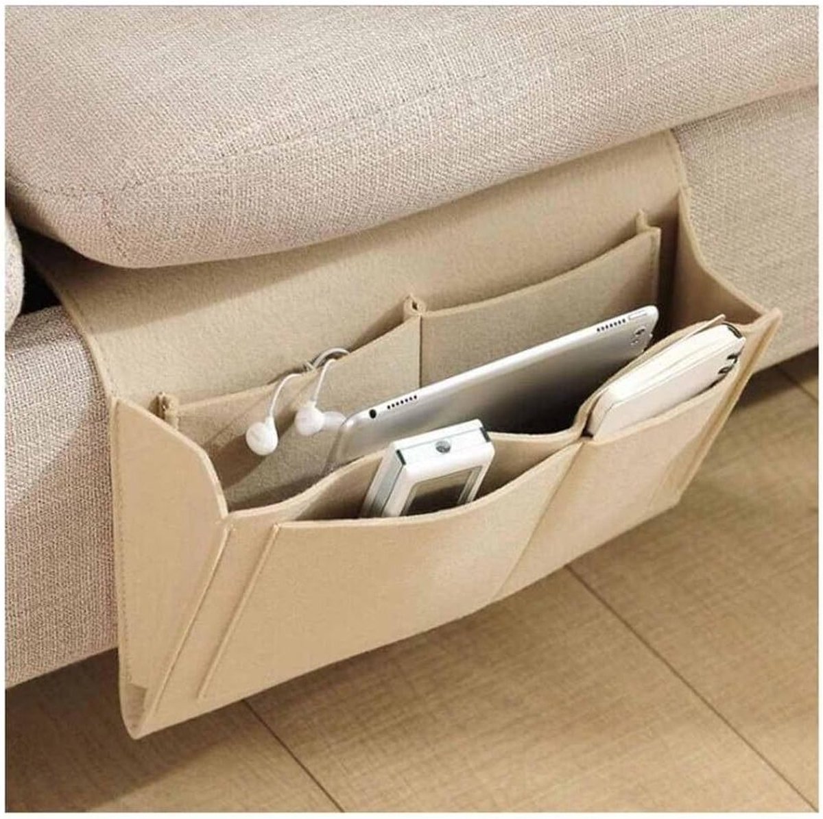 Praktische Bedside Organizer met 5 Vakken voor Boeken, Bril, Telefoon en Tablet - Anti-slip Opbergzak voor Bed en Bank in Beige
