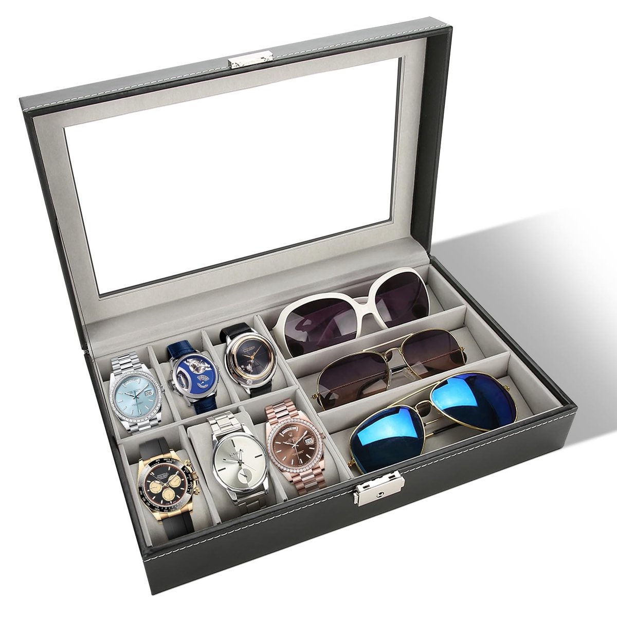 Dailygoods - Glasses Holder - Organizer voor Zonnebrillen en Horloges - Hoogwaardige PU Leer - Modern Design - Transparante Bescherming - Geschikt voo