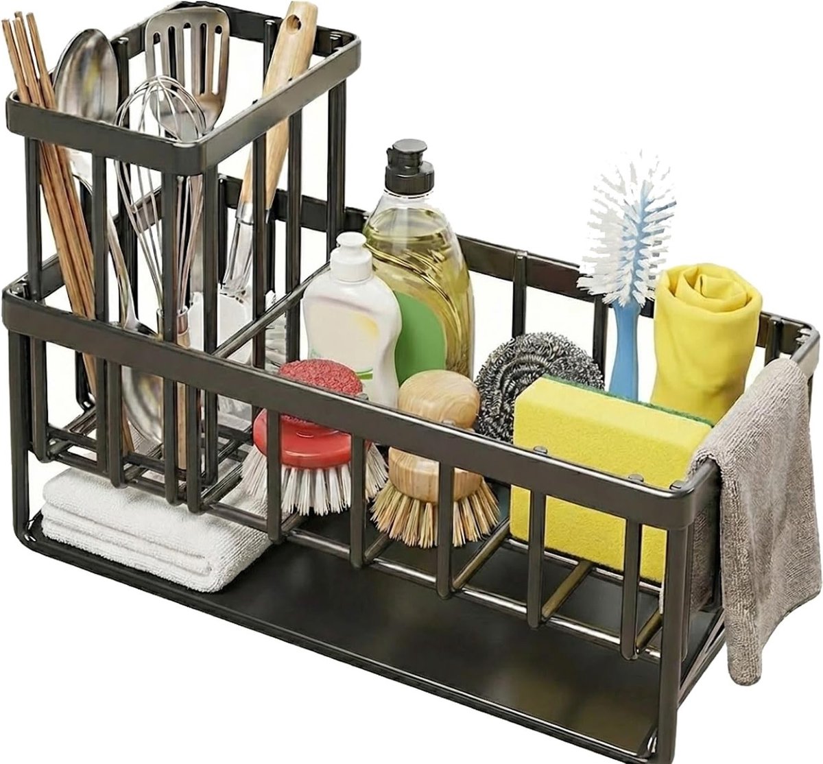 Organiser voor de Keuken en Badkamer, Houder voor Spons en Afwas, Zwart, Ruimtebesparend en Praktisch Accessoire