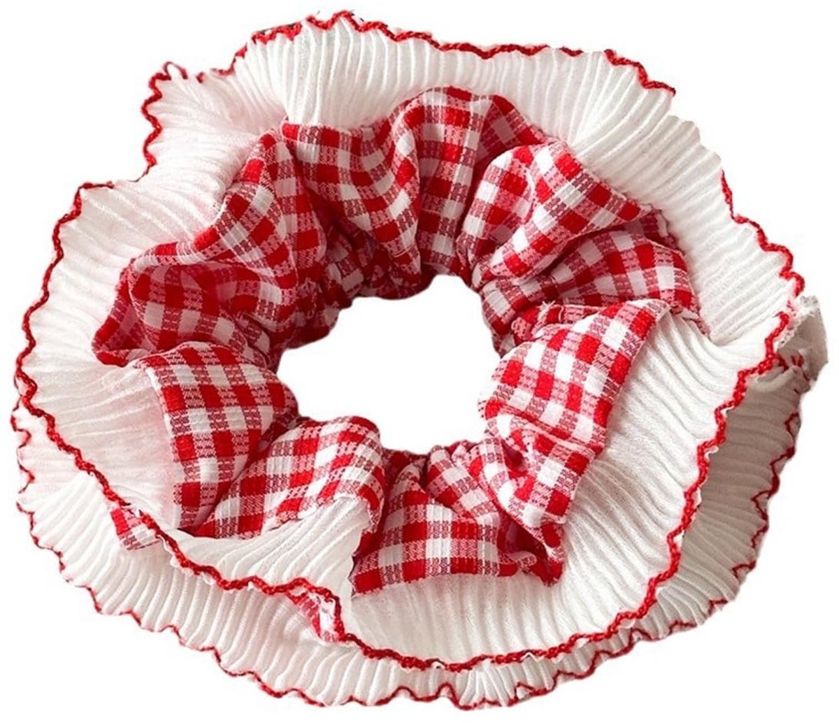 Jhubersproducts - Oversized Frilly Scrunchies - Elastisch haaraccessoire - Rood Wit Gingham - Perfect voor dames - Haarbanden voor paardenstaarten