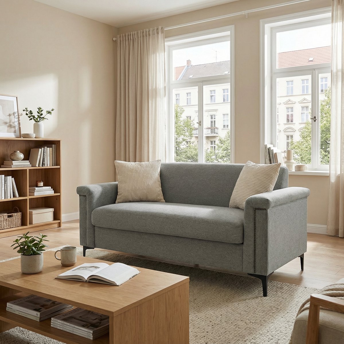 Wishdor 2-Zitsbank - Ergonomische Zitdiepte En Brede Armleuningen - Scandinavisch Ontwerp - Voor Woonkamer - Hout, Polyester En Metaal - Lichtgrijs - 172 Cm Licht Grijs