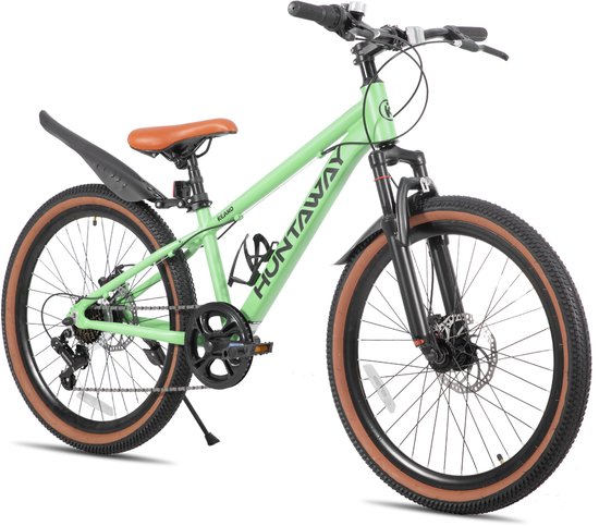 Lichtgroene Huntaway kinder-mountainbike met bruine banden, schijfremmen en bruin zadel.