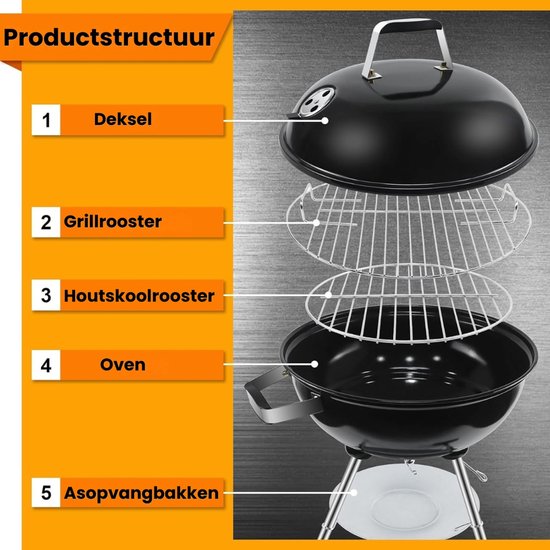 Houtskool Barbecue Met Deksel Voor Authentieke BBQ Smaak - Houtskoolbarbecue Op Wielen Met Stevig Metaal Design Voor Eenvoudig Verplaatsen - Kogelbarbecue Rond 51 x 47 x 78 cm Voor Tuin, Balkon en Camping - Zwart Design Met Optimale Warmteverdeling van Merkloos — afbeelding 2