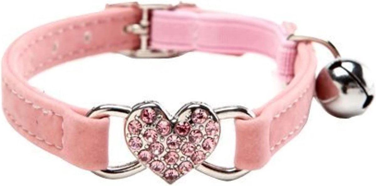 Kattenhalsband met kristallen hartje roze