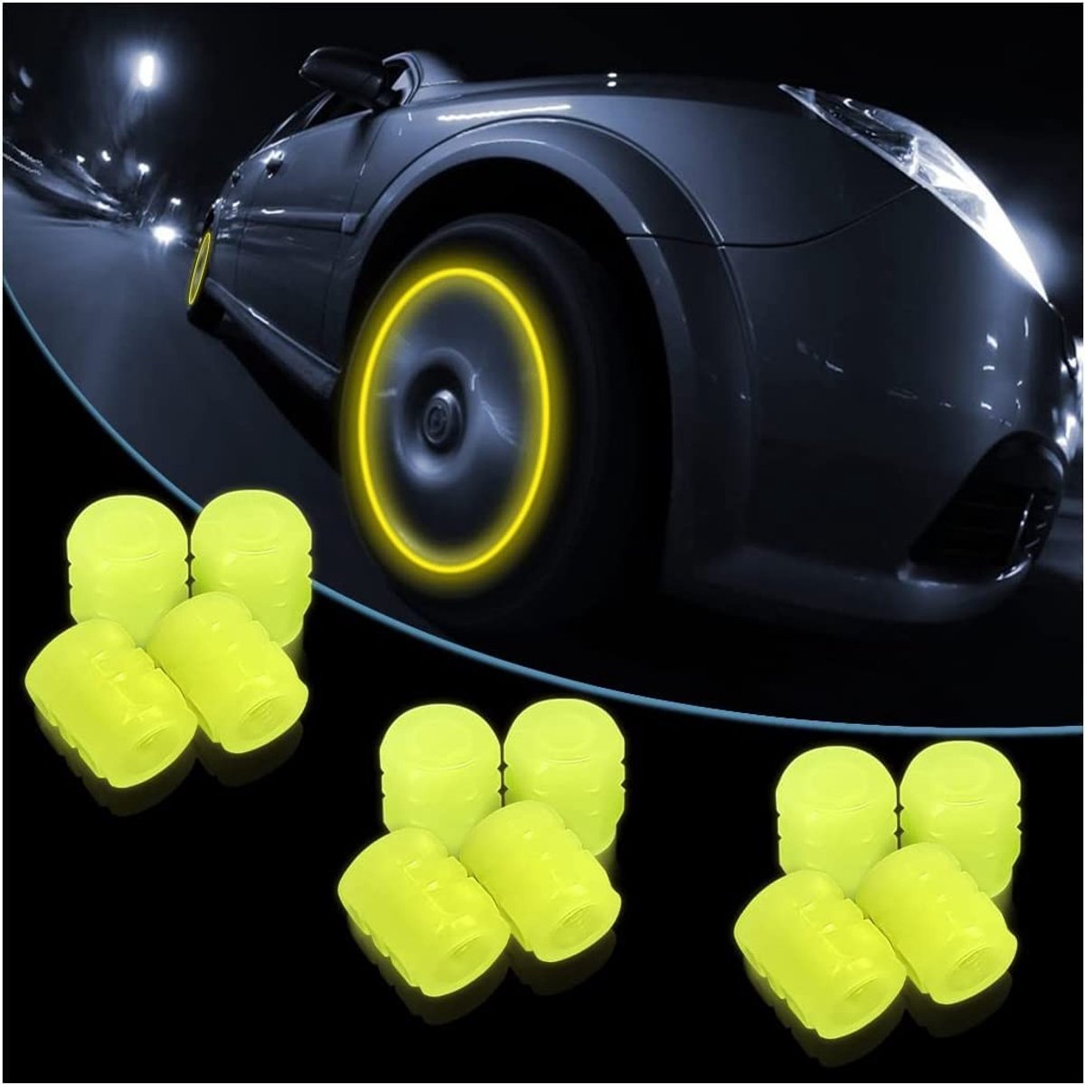 Livia home - Bandklepdoppen - Verlichte ventieldoppen - Zelflichtend - Geel - Universele auto-accessoires - Geschikt voor auto, vrachtwagen, SUV, moto