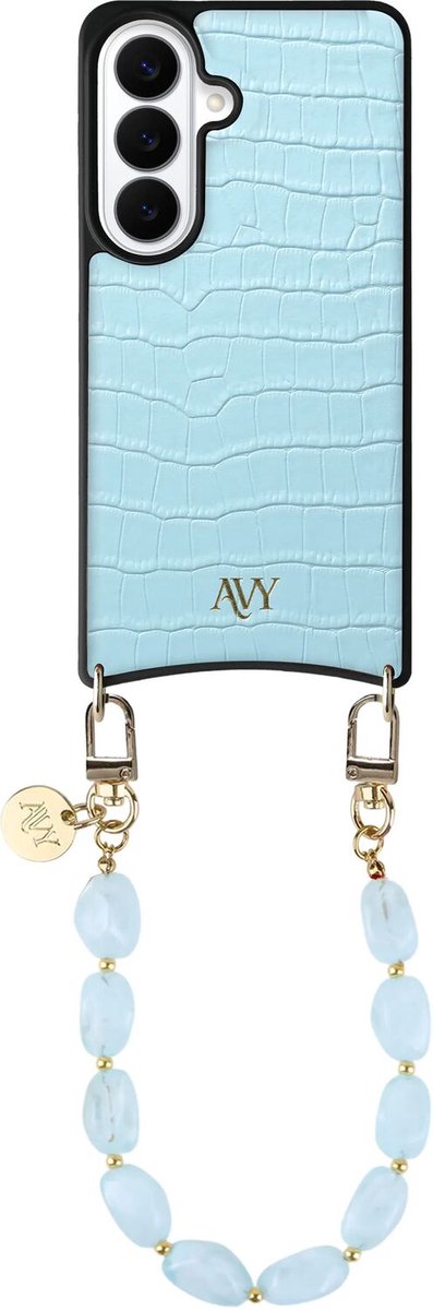 AVY Leren Hoesje Geschikt voor Samsung Galaxy S26 | Compatibel met MagSafe | Leather Case met Telefoonkoord | Polsband | Croco Blauw | Rocher Blue