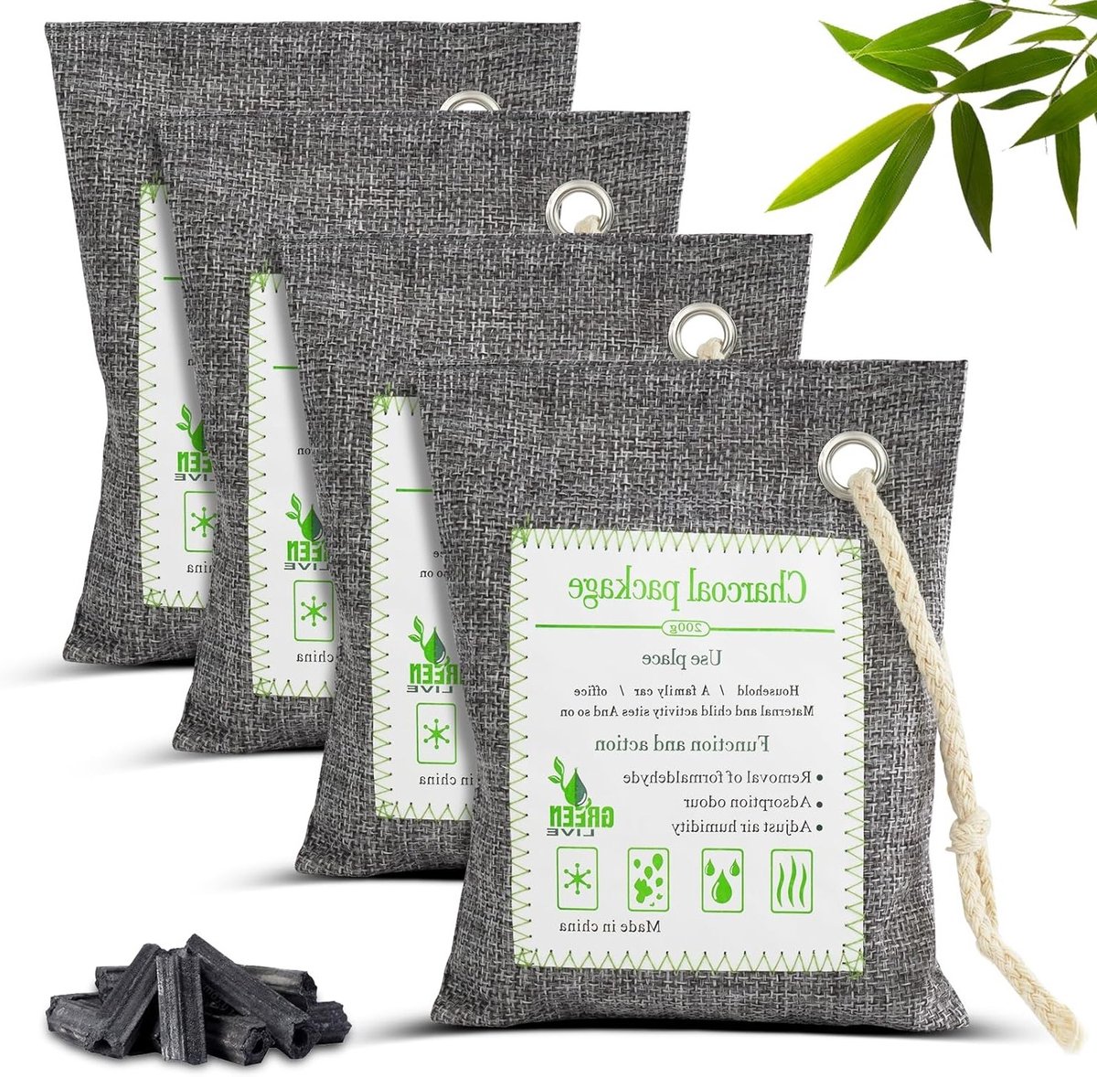 Set van 4 Bamboe Houtskoolzakken voor Vochtabsorptie, Luchtzuivering en Geurabsorptie voor Schoenen, Kasten en Auto's, 200g