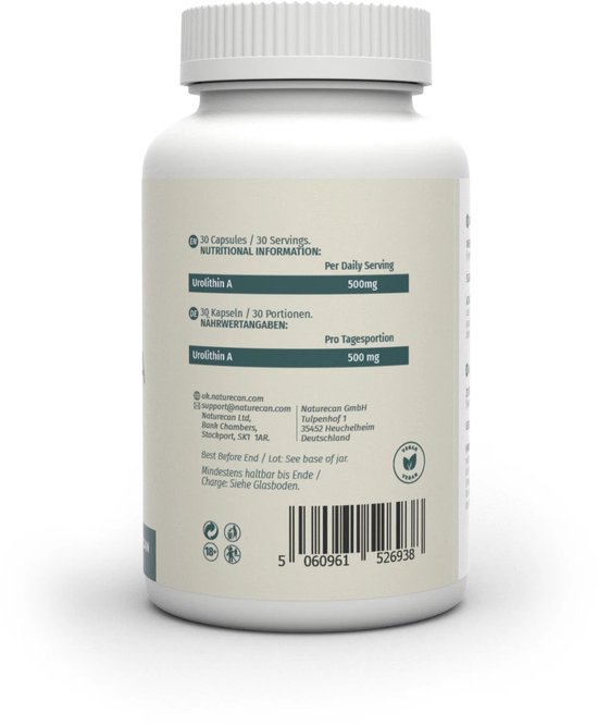 Achterkant van de Naturecan Urolithin A pot met voedingsinformatie en lotnummer.