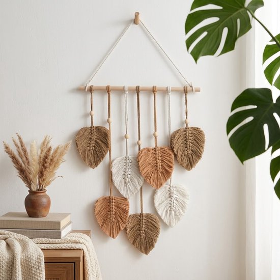 Bruin wit bladeren wandkleden unisex handgeweven hangdecoratie met koorden kralen en houten stok 25x55 cm boho wanddecoratie textiel