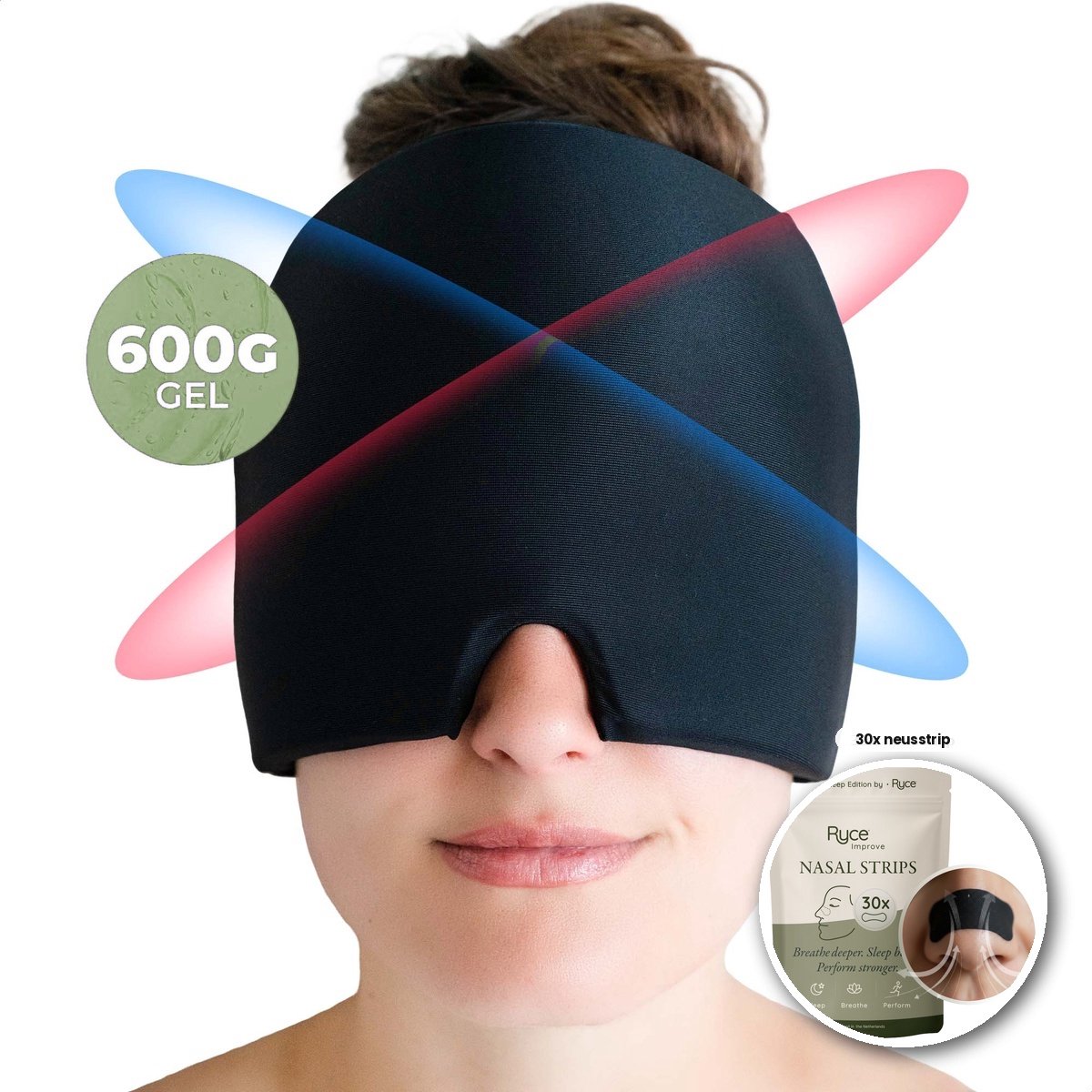 Ryce® Migraine Muts - Masker - Extra Dik 600G - Hoofdpijn - Neusstrips - Spreiders - Anti snurken - Combi Pack - Zwart