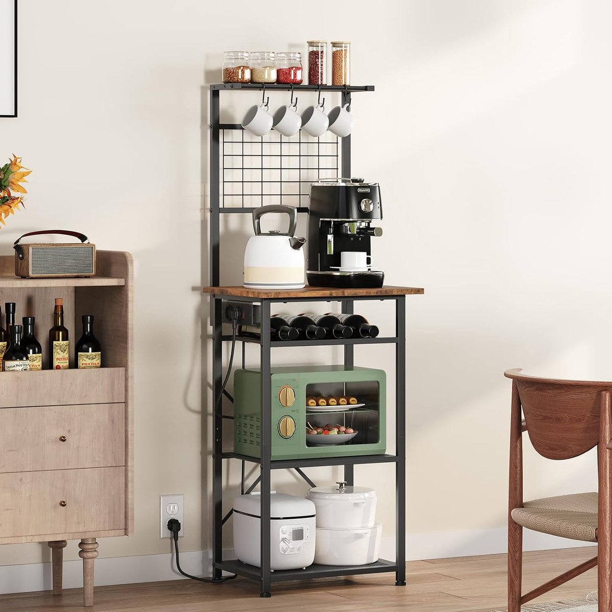 Keukenrek met Stopcontacten - 4 Planken - Multifunctioneel en Draaibaar - Inclusief Oplaadstations - Voor Woonkamer, Keuken, Eetkamer - Stabiel en Ruimtebesparend