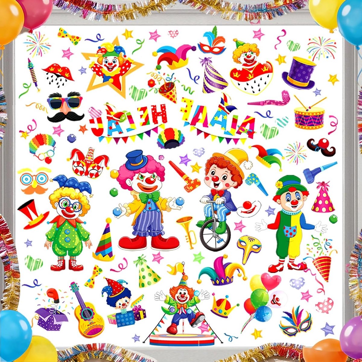 Carnaval Raamdecoratie met 9 Zelfklevende Clown Stickers, Circus Versiering voor Feestelijkheden