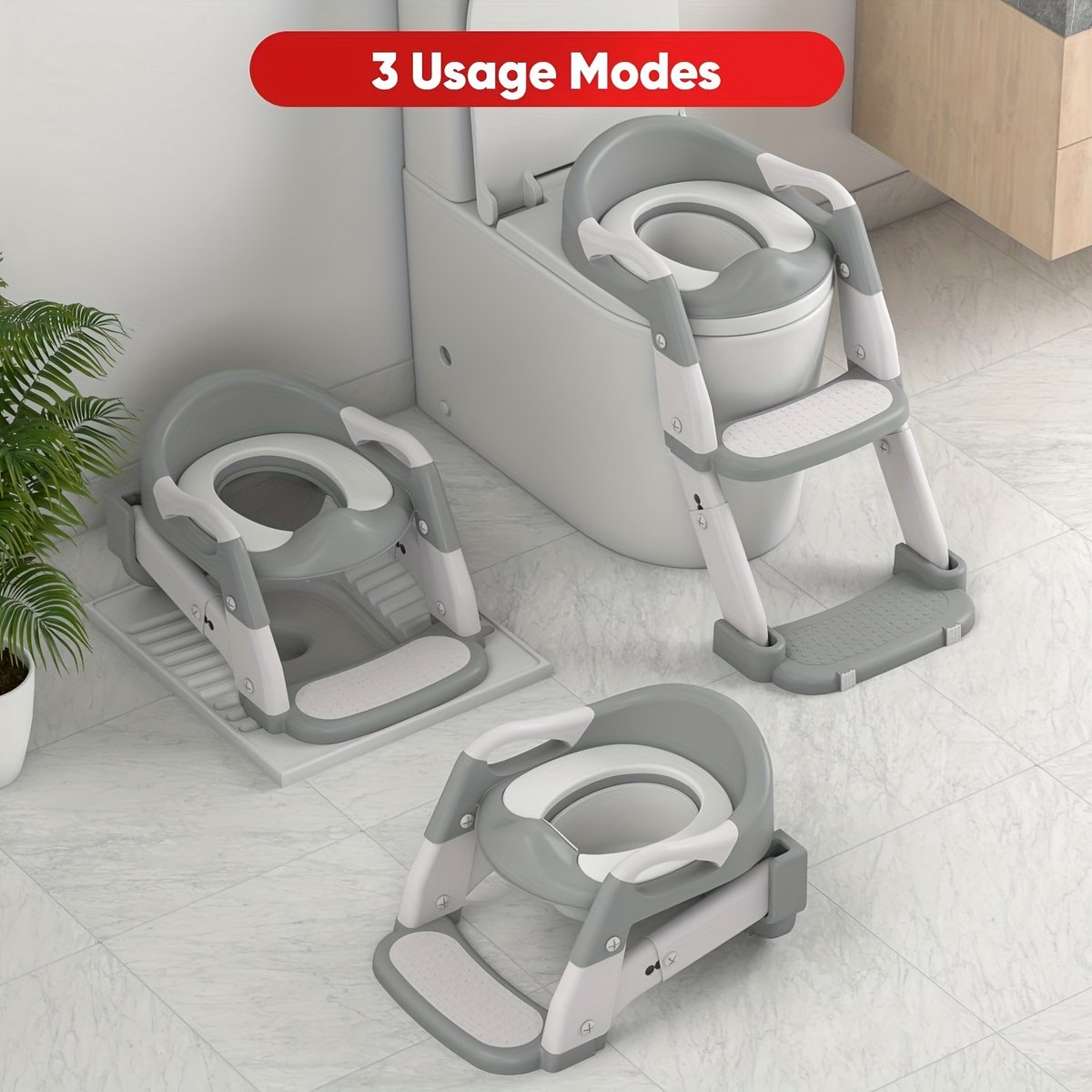 3-in-1 Toilet Trainer met Trapje - WC Bril voor Kinderen met Zacht Kussen - Opvouwbaar & In Hoogte Verstelbaar - Zindelijkheidstraining - Grijs