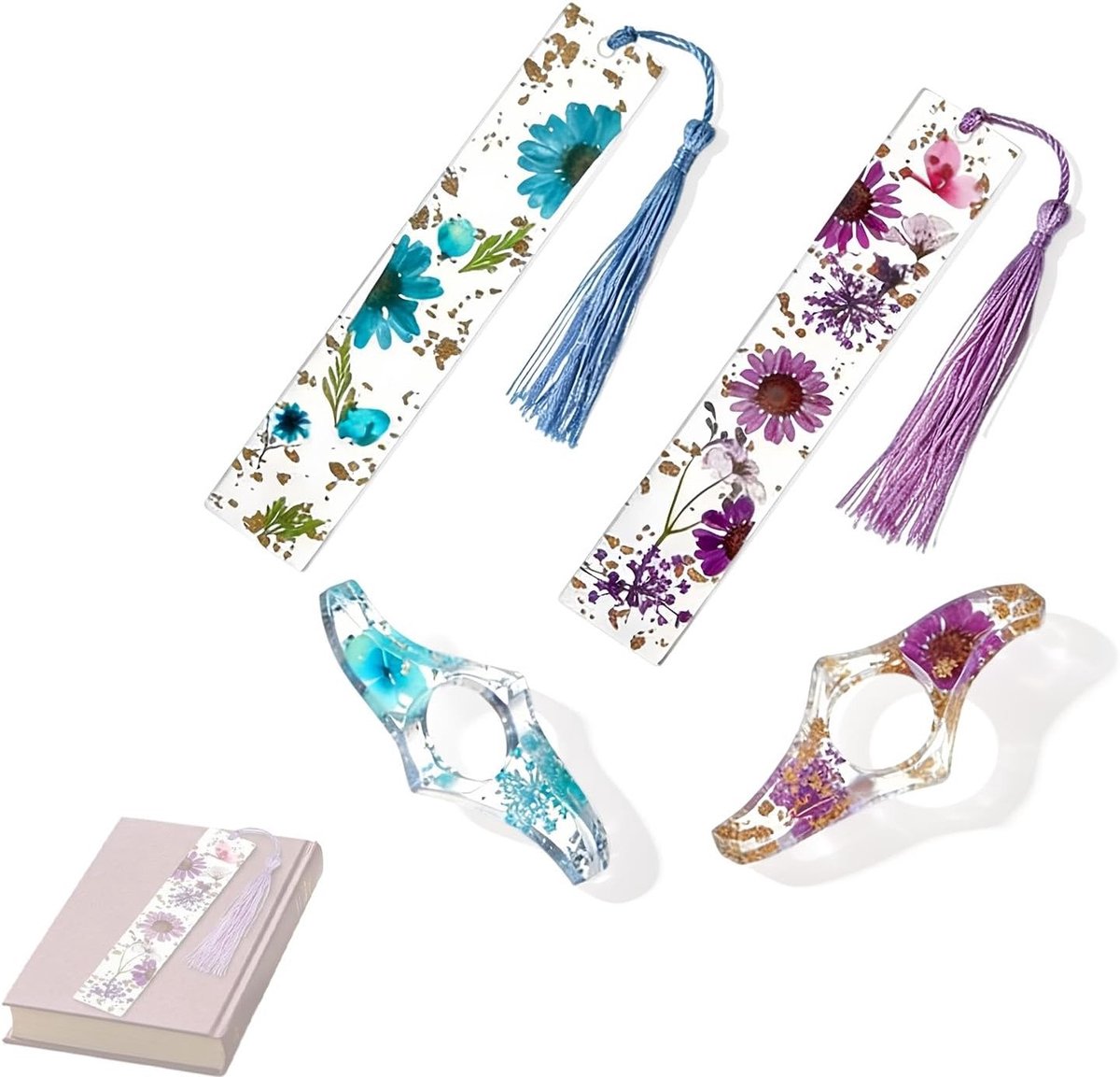Set van 4 Gedroogde Bloemen Boekenleggers van Hars, Transparante Bloemen, Handgemaakte Boekenmarkers met Kwastjes, Schattige Boekenaccessoires en Cadeau Ideeën