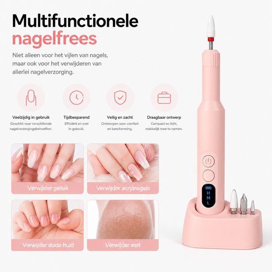 BOTC Elektrische Nagelvijl met Oplaadstation - Nagelfrees - Draadloos en Oplaadbaar - Nagelvijl - Manicure & Pedicure set - Roze