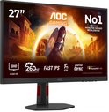 27" AOC gaming monitor met QHD, 260Hz OC, Fast IPS en Adaptive Sync. Zwarte behuizing met rode accenten op de standaard.