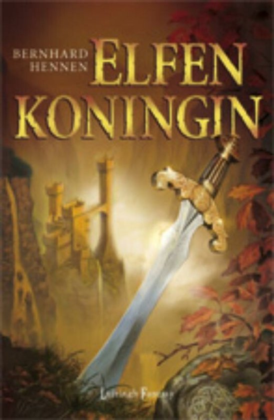 Boekcover 'Elfenkoningin' met een zwaard en kasteel.
