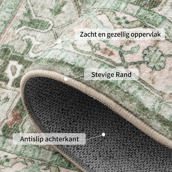 Zoom van groen vloerkleed met zachte en gezellige oppervlakte, stevige rand, antislip achterkant.