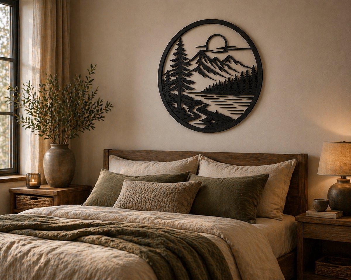 Houten Wanddecoratie Rond Zwart – Berglandschap met Zon en Bos – Natuur Muurdecoratie – Moderne Interieur Decoratie voor Woonkamer Slaapkamer Hal – Laser Gesneden Hout – Stijlvolle Wandhanger Cadeau