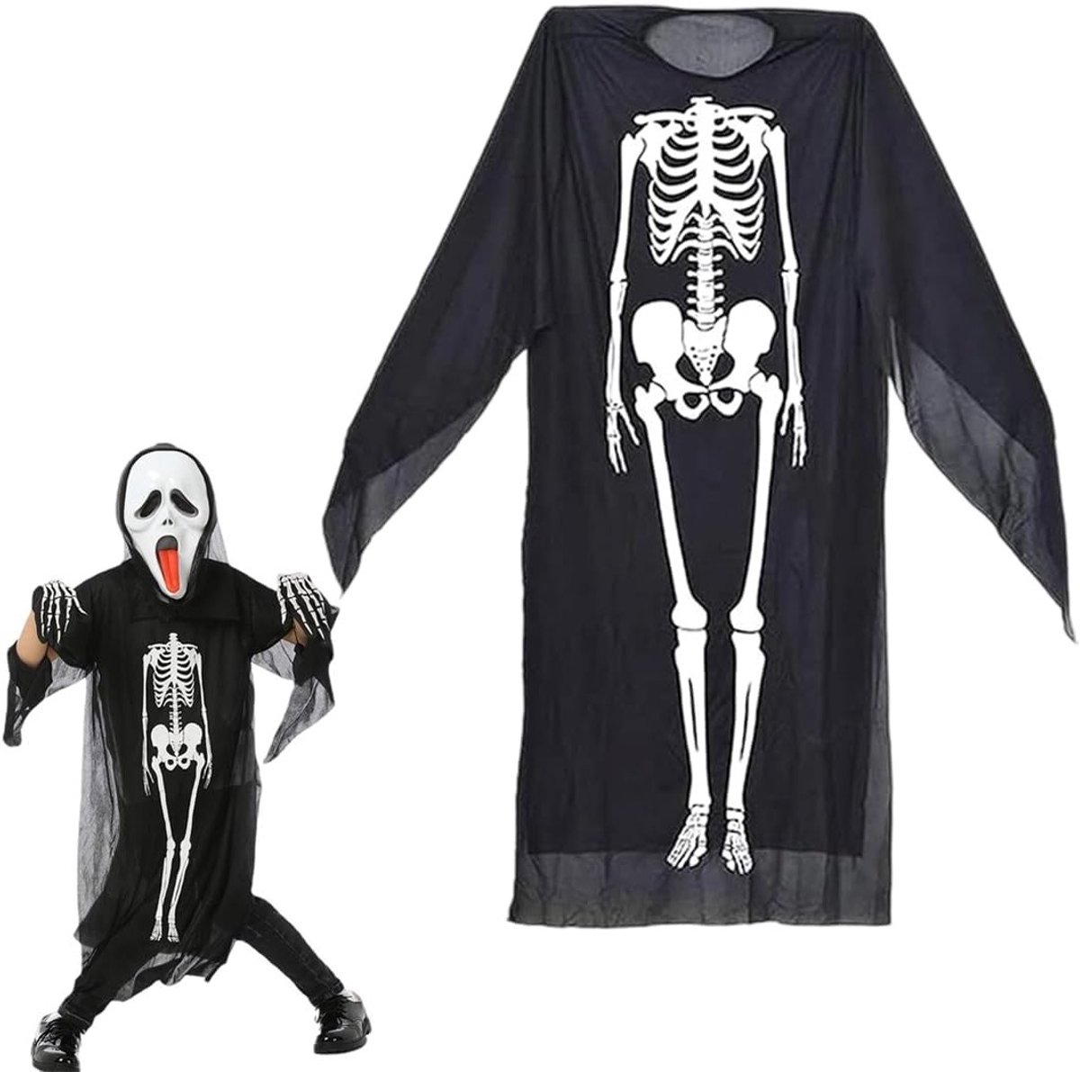 Creepy Scream Kostuum voor Kinderen met Zwarte Cape, Skeletmasker en Handschoenen voor Halloween Feest en Cosplay