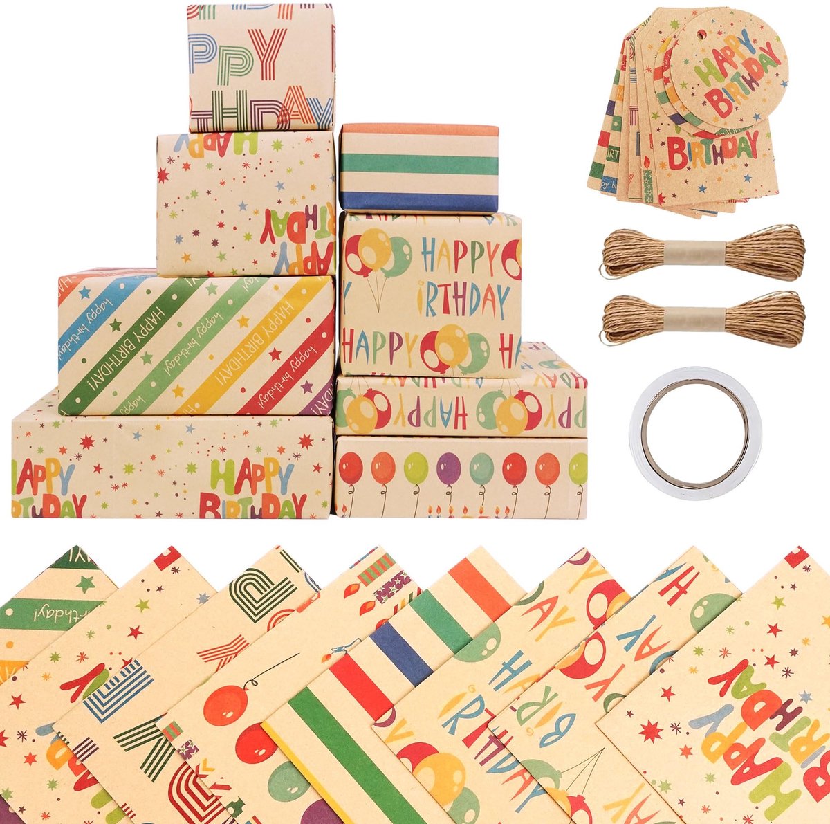 NTHProducts - Ecologische Kraft Cadeaupapier - Verpakking van 8 - Ideaal voor Verjaardagen - Inclusief Strik en Plakband - Kids - Geschikt voor Jongens...
