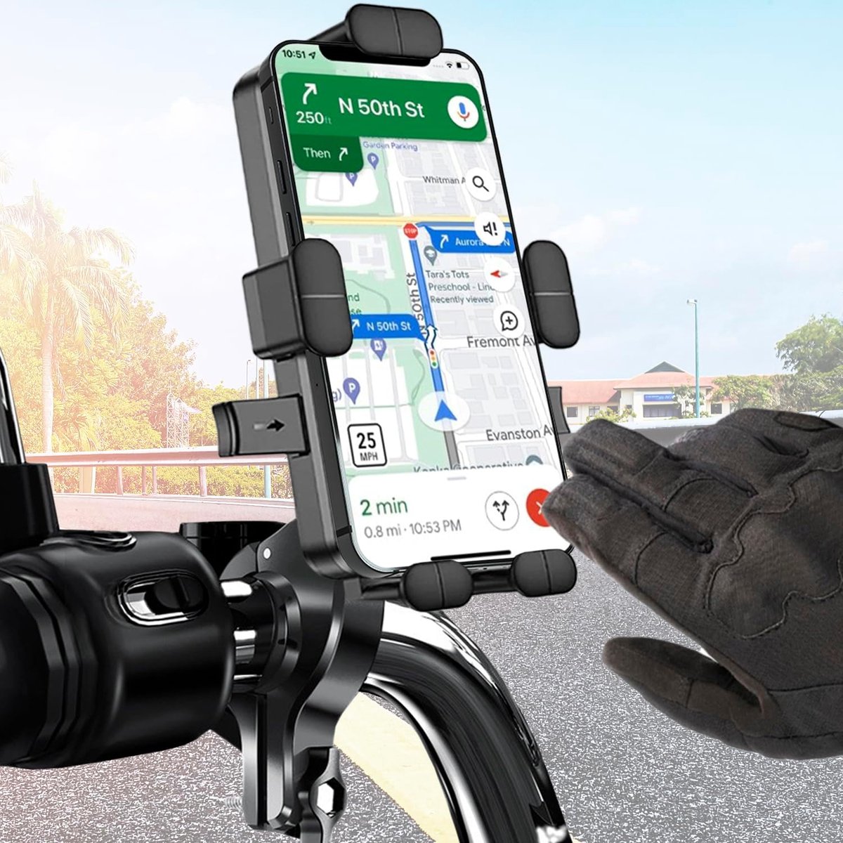 Telefoonhouder Fiets Zwart - Universele Smartphone Telefoon Houder GSM voor Stuur - Fietshouder 360 Graden Rotatie met 5-Punts Vergrendeling - voor Motor, Scooter, E-bike, Fatbike en Step - Fiets Accessoires