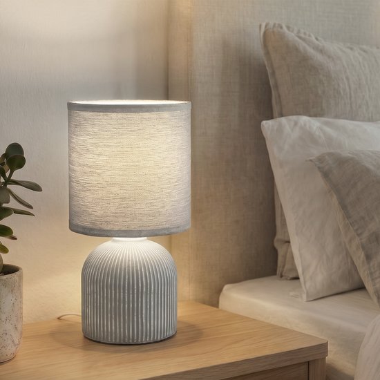 BRILONER - INO - Tafellamp - met stoffen kap & keramiek voet - bedlamp slaapkamer - Ø15cm x 28 cm - grijs