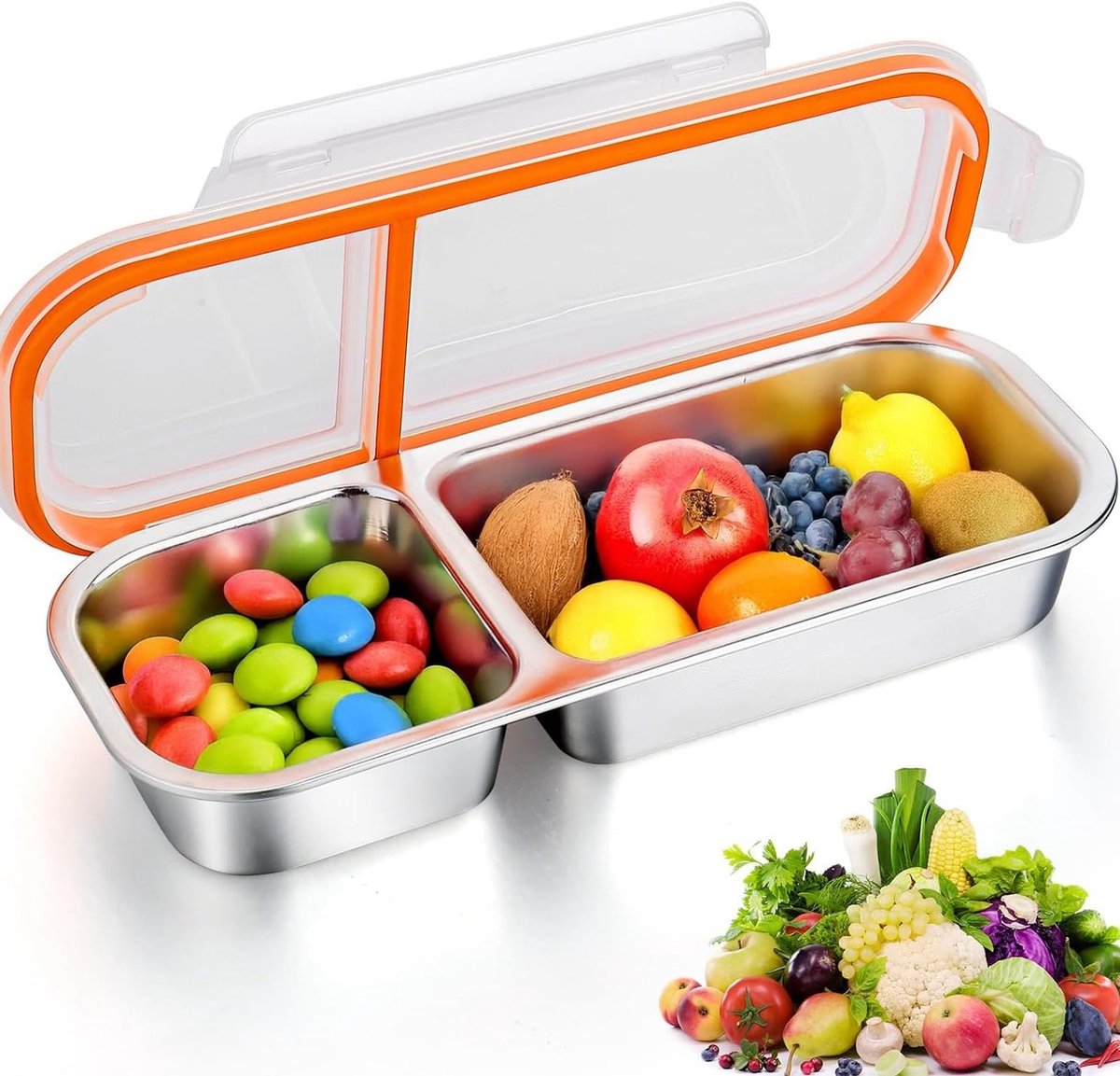 Snack Box met 2 Compartimenten van RVS, Ideaal voor Kinderen, Lunch Box voor Tussendoortjes, Bento Box voor Snoep, Noten en Koekjes