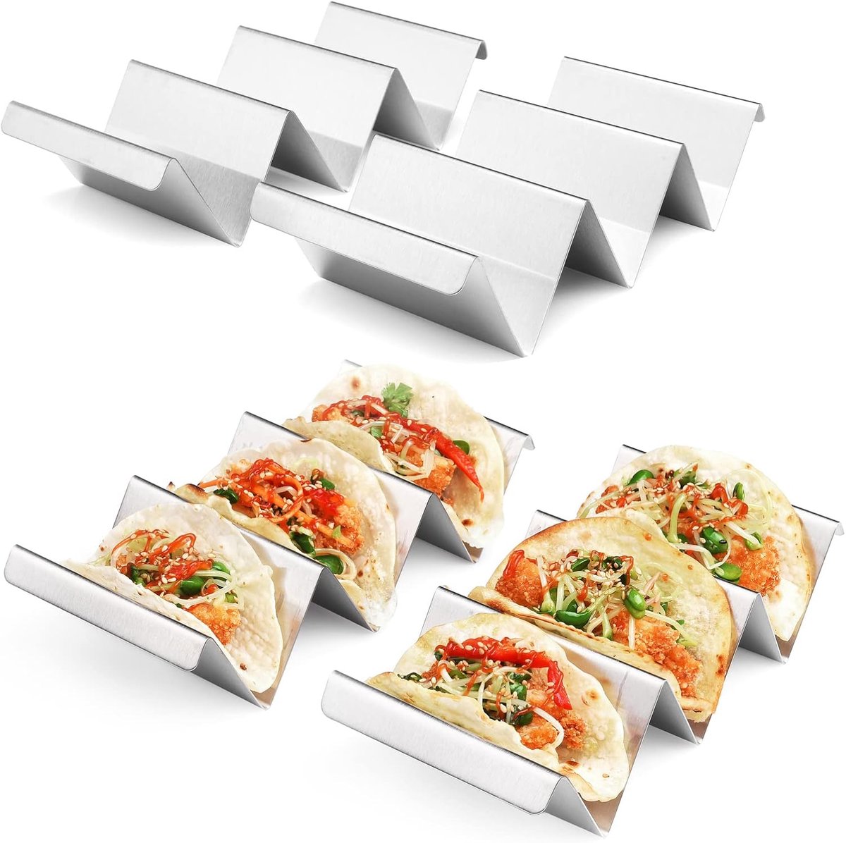 Tortillarek van roestvrij staal - Klein tortillarek - Geschikt voor 3 stuks voedsel - Vaatwasmachinebestendig - Geschikt voor pannenkoeken, burrito's en tortilla's - (4-delige set) - Zilver