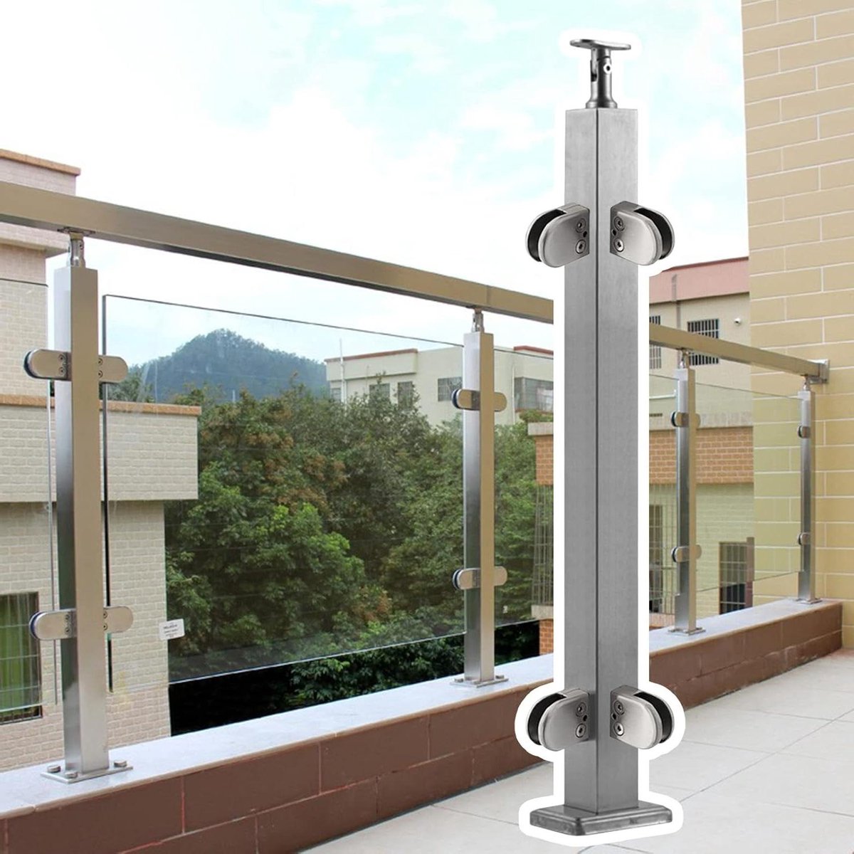Leuningpalen Glazen railingsysteem Complete Bouwset, Indoor Outdoor Balkon Barrière Hek, Leuningpalen Van Roestvrij staal Voor Balkon Trappen (Kleur: Corner Post, Maat: 110 cm/3.6 ft)