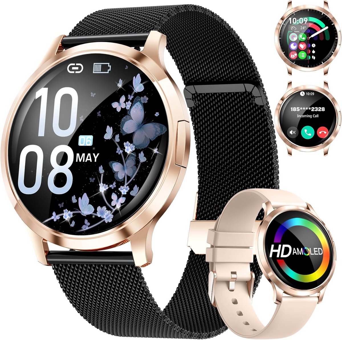 Smartwatch voor dames met 2 armbanden, 1,32 inch AMOLED-scherm, hartslag- en slaapmonitor, menstruatiecyclus-tracking, 110+ sportmodi, IP68 waterdicht, geschikt voor Android en iOS