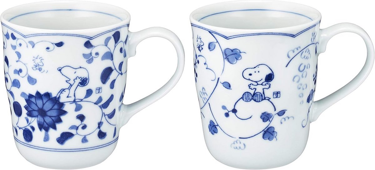 Set handgemaakte Japanse poterie mokken met Snoopy en Pinda's design - blauw-wit