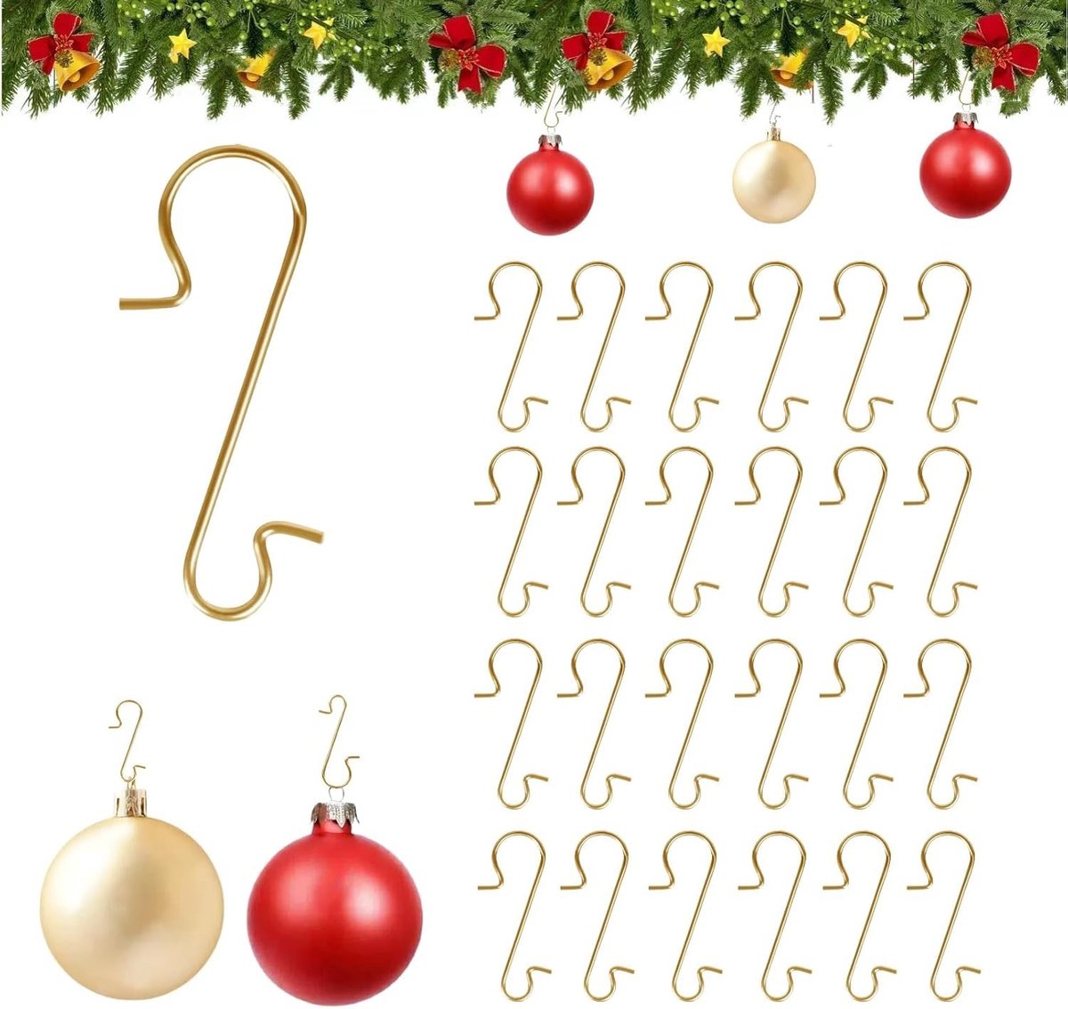 Cosensi- Ball Hangers - 120 Stuks - S-Haken - Voor Kerstballen - Roestvrij Staal - Goud - 1 x 3 cm - Kerstballenhaakjes