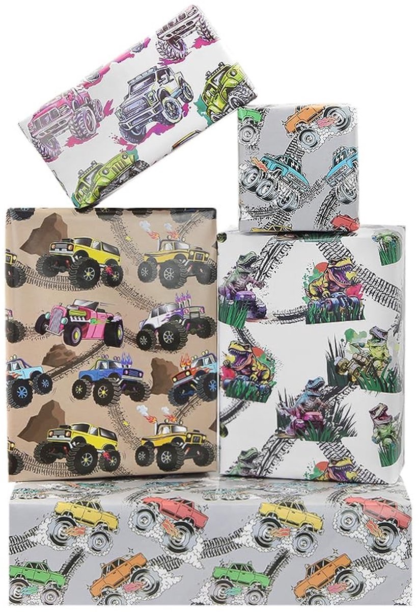 Cosensi- Inpakpapier Verjaardag - Monster Truck Ontwerpen - 8 Vellen - 50x70cm - Cadeaupapier Kinderen - Raceauto Thema - Creatief Cadeau