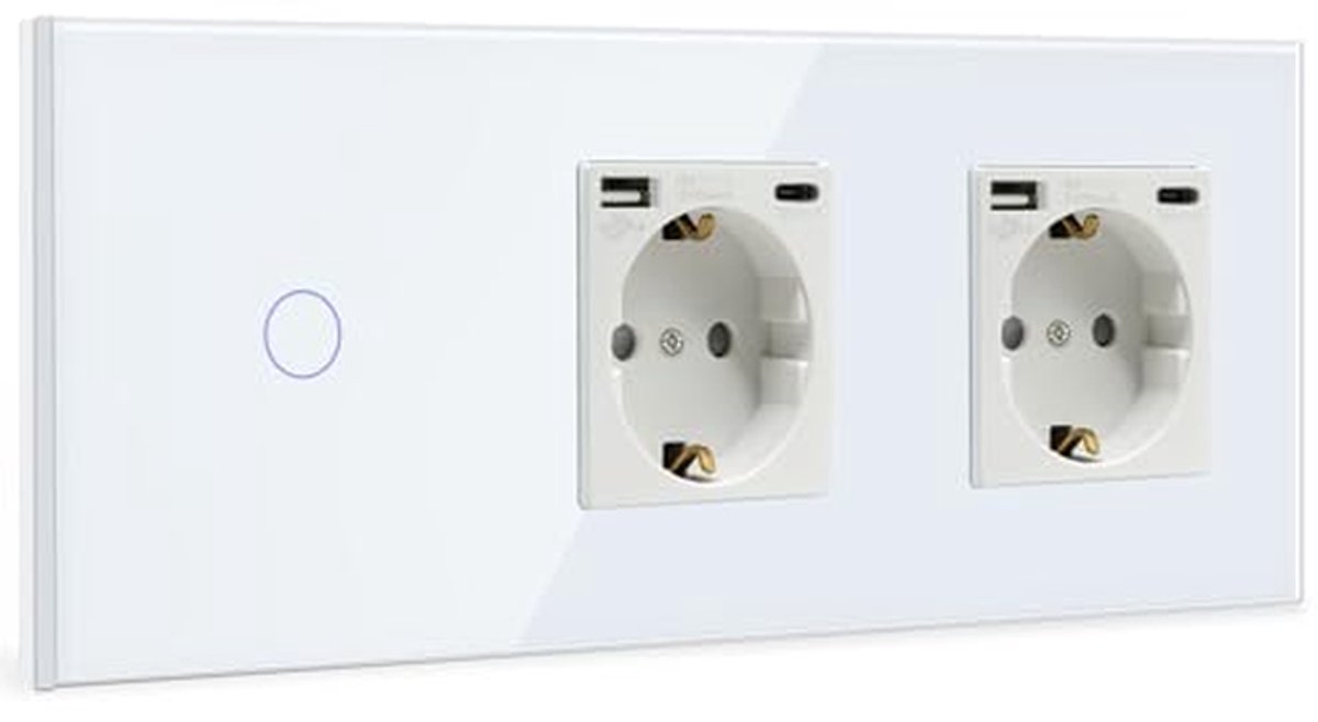 Touch lichtschakelaar met USB-stopcontact en dubbele aansluiting - Inbouw Touchscreen-schakelaar met glazen frame