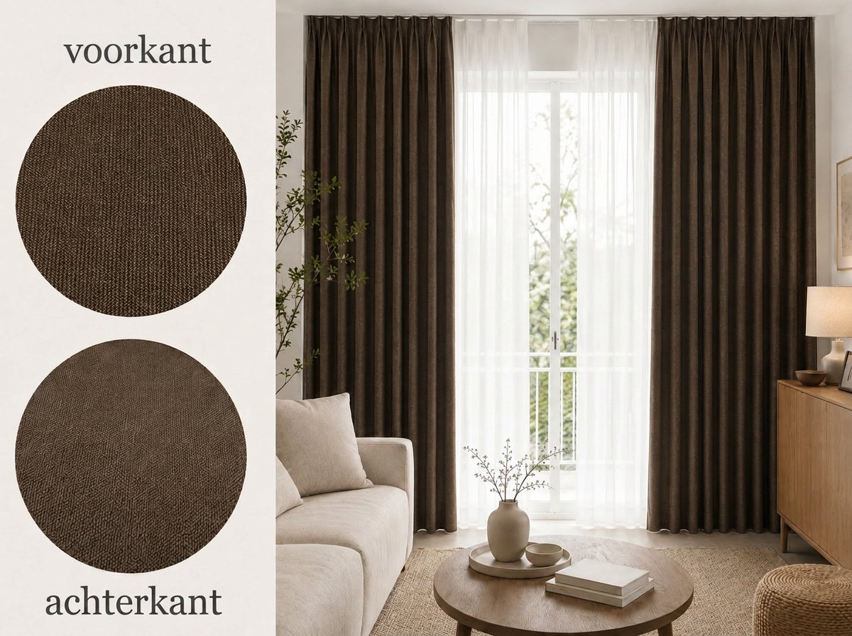 Kant-en-klare 100% Verduisterende & Thermische Gordijnen met Haken (Vlinderplooi) – 140x290 CM – Bruin – Linnenlook – Everyday Elegance Elite Series