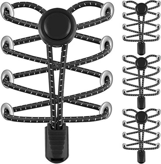Set van zwarte elastische veters met zilveren ogen en een snelsluiting.