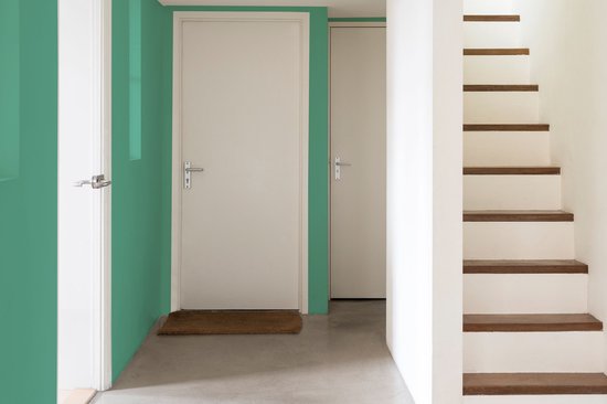 Hal met een groene muur, witte deuren en een trap.