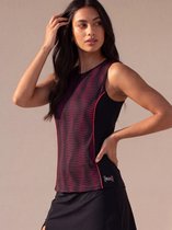 Zwart mouwloos sportshirt voor dames met roze grafische print op voorpand en zijkanten.