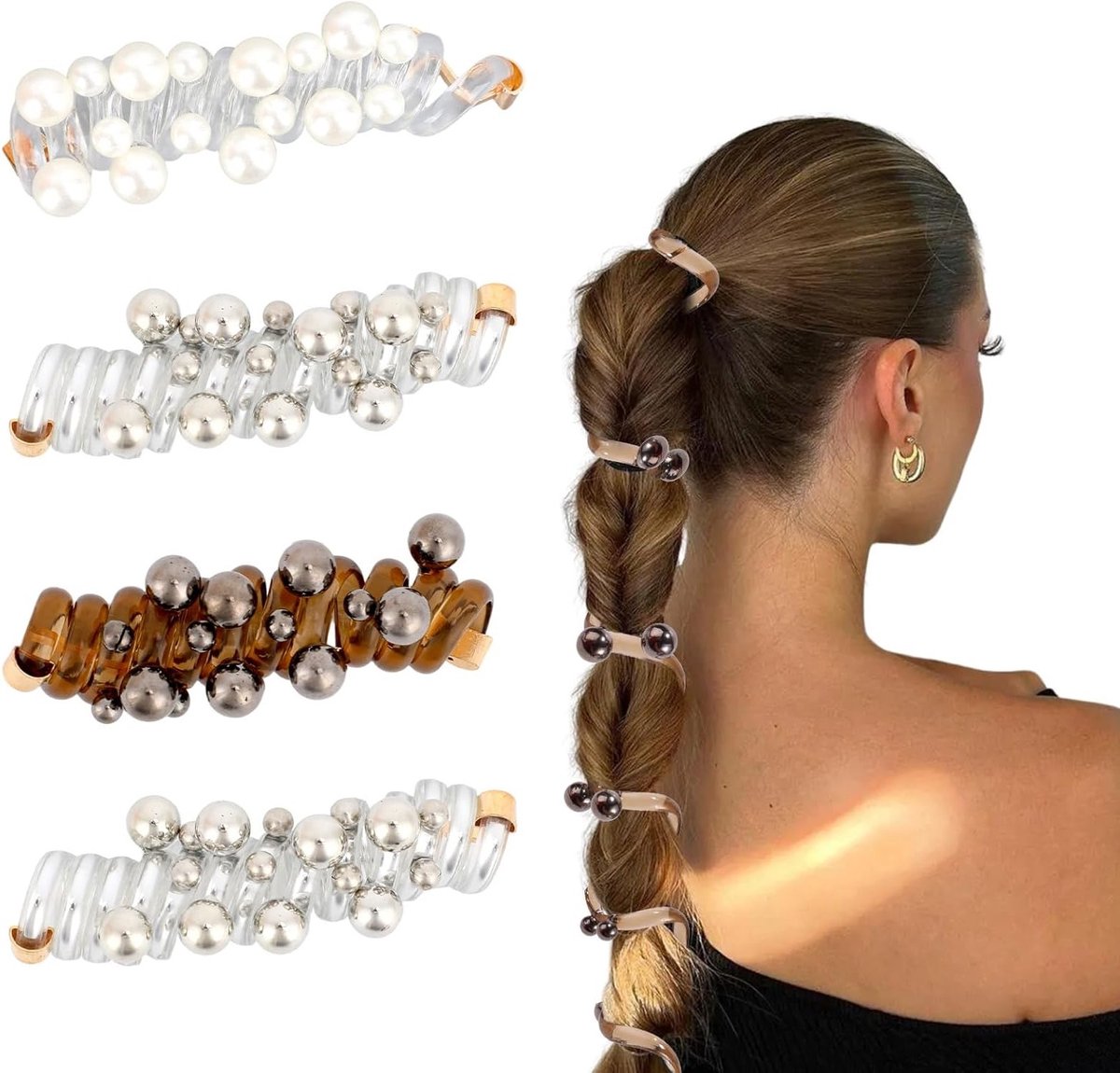 4 Stuks Elastische Spiraalvormige Haarelastiekjes, Schadevrije Parelmoer Telefoonsnoer Paardenstaarthouders, Elegante Haaraccessoires voor Vrouwen (Wit, Zilver, Zwart)