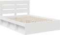 Wit bedframe met hoofdeinde, lattenbodem en opbergvakken, schuin aanzicht.