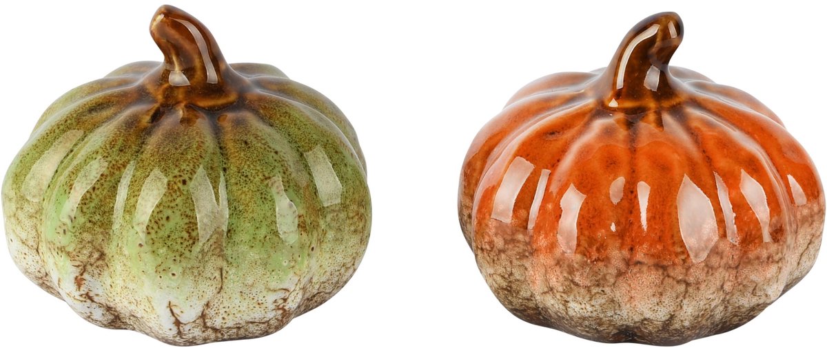 Dekoratief | Deco pompoen, groen/oranje, porselein, 9x9x8cm, set van 2 stuks | A265866