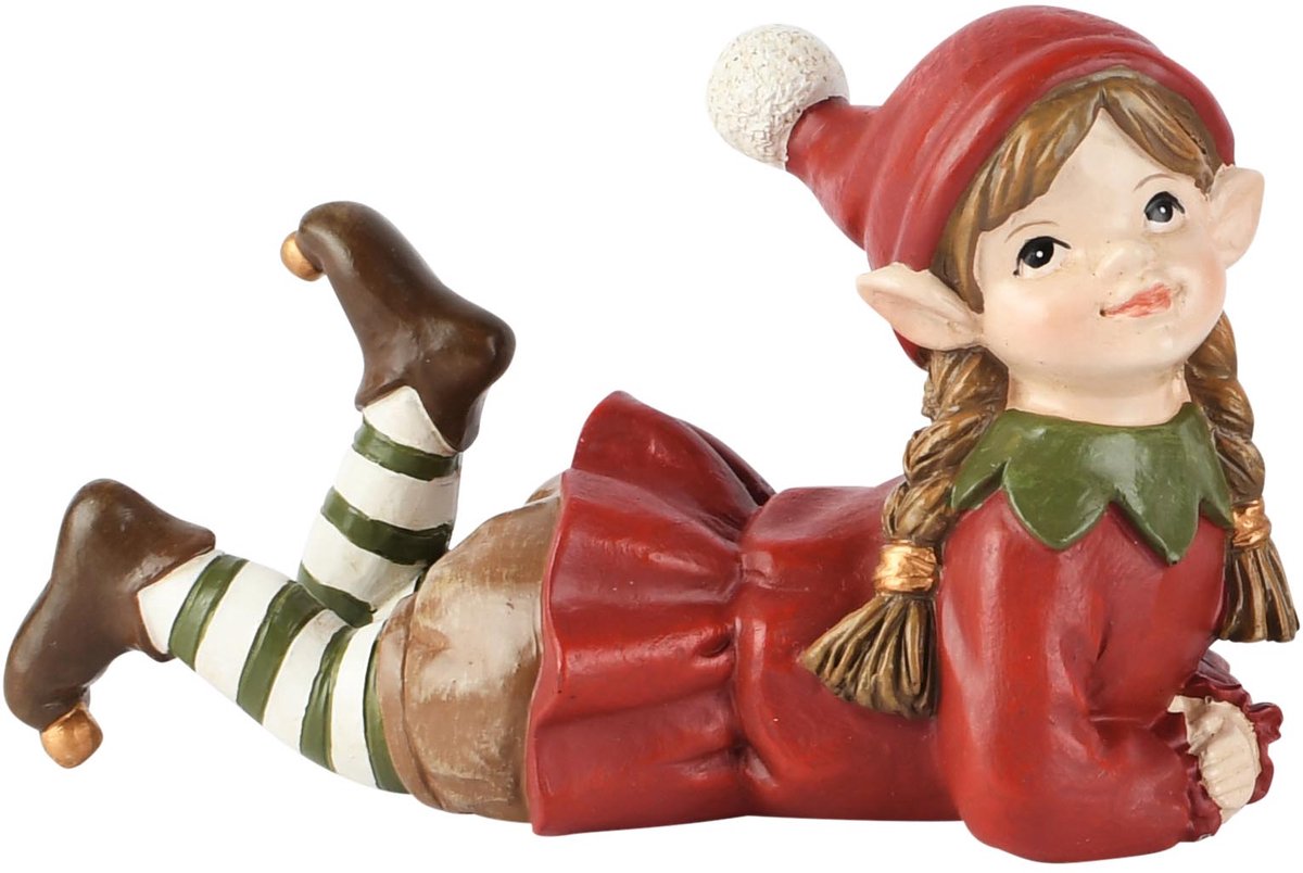 Dekoratief | Kerstelfje meisje liggend, rood/groen, resina, 10x5x7cm | A265708